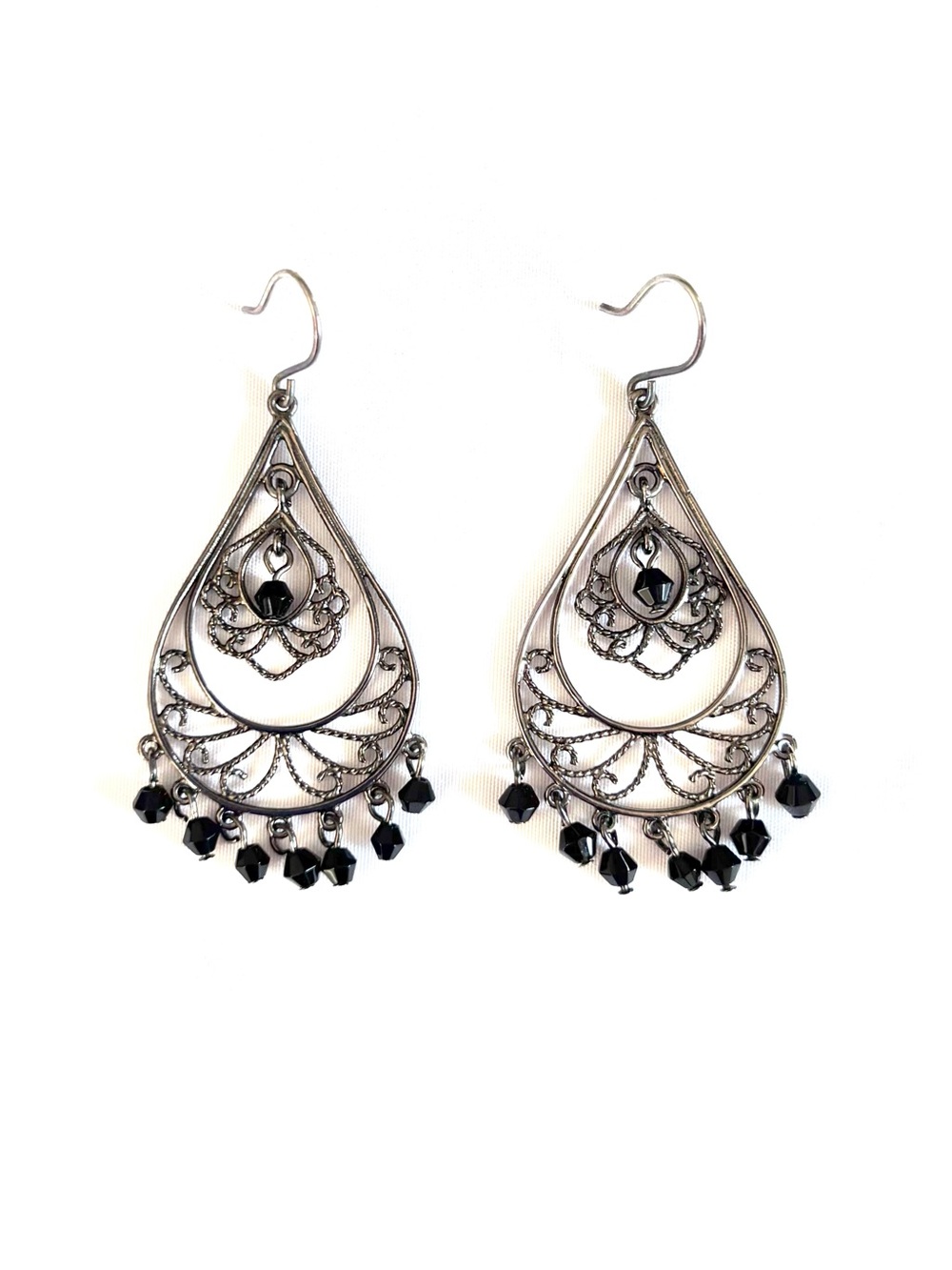 MONET Vintage Y2K Chandelier Earrings, Gunmetal Silver with Black Crystal Beads